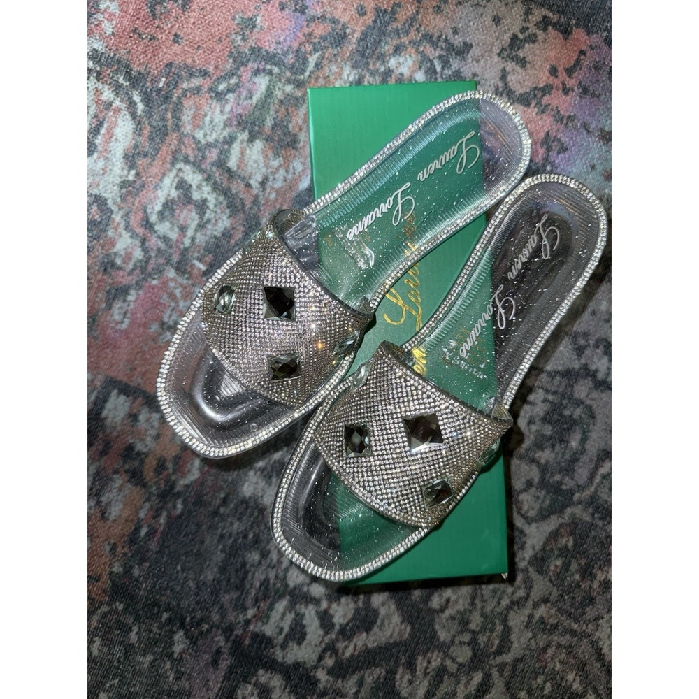Lauren Lorraine Bianca Rhinestone Embellished Flat Sandals Slides Fit Like 9